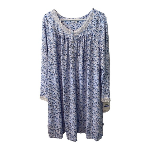 Eileen West Gown Sz XL Sleep Dress Knit Long Sleeve White Blue Buds lace trim - Picture 1 of 9
